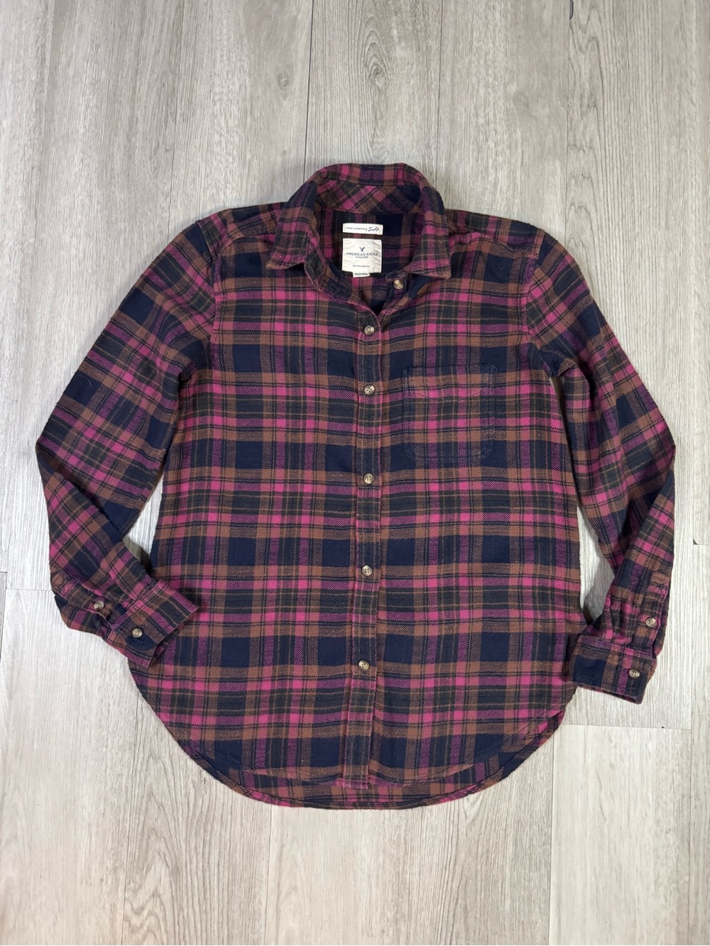 American Eagle AhhMazingly soft Boyfriend Fit Plaid Flannel Shirt Purple XS
